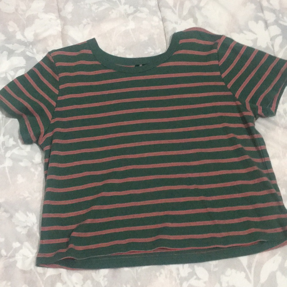 Green and red strips shirt.